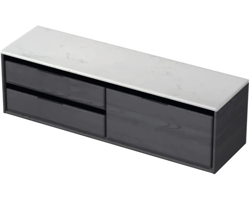 Waschtischunterschrank Sanox Loft BxHxT 161 x 47 cm x 46 cm Frontfarbe black oak mit Waschtischplatte Kunststein weiß 2 Auszüge links Hängeunterschrank mit zwei Schubladen und Steinplatte