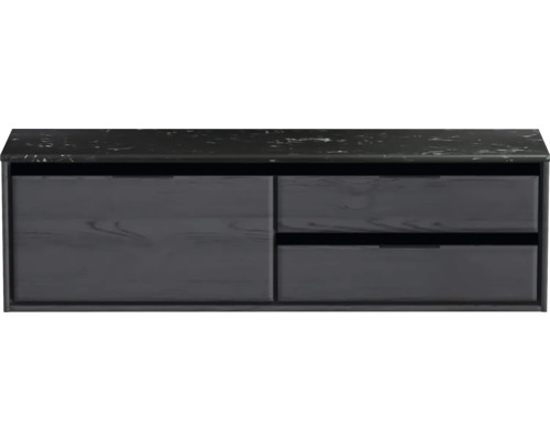 Meuble sous-vasque Sanox Loft lxhxp 161 x 47 cm x 46 cm couleur de façade black oak avec plan de lavabo en pierre synthétique noir 2 tiroirs à droite Meuble sous-vasque avec deux tiroirs et une porte