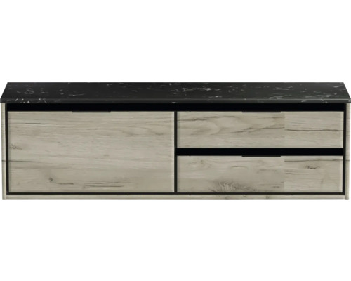 Meuble sous-vasque Sanox Loft lxhxp 161 x 47 cm x 46 cm couleur de façade craft oak avec plan de lavabo en pierre synthétique noir 2 tiroirs à droite Meuble sous-lavabo avec tiroirs et étagère
