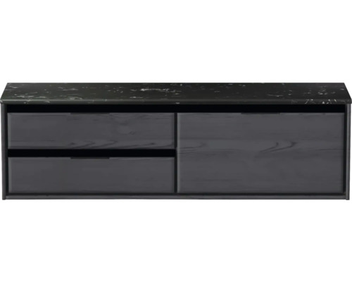 Meuble sous-vasque Sanox Loft lxhxp 161 x 47 cm x 46 cm couleur de façade black oak avec plan de lavabo en pierre synthétique noir 2 tiroirs à gauche Meuble sous-lavabo avec deux tiroirs et étagère
