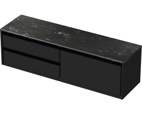 Meuble sous-vasque Sanox Loft lxhxp 161 x 47 cm x 46 cm couleur de façade noir mat avec plan de lavabo en pierre synthétique noir 2 tiroirs à gauche Meuble sous-vasque avec deux tiroirs et surface de rangement aspect pierre