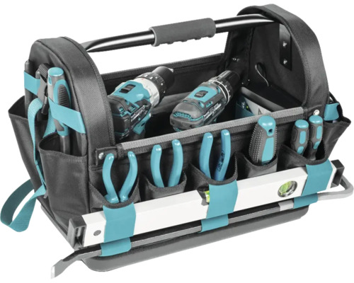 Sac à outils rempli d''outils tels que des perceuses, des tournevis, des pinces et un niveau à bulle