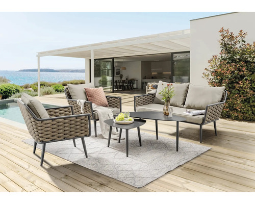 Set de meubles de jardin Destiny RAVENNA 4 places composé de: 2 fauteuils, canapé, desserte, table aluminium plastique crème beige