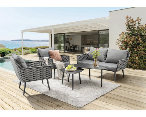 Set de meubles de jardin Destiny RAVENNA 4 places composé de: 2 fauteuils, canapé, desserte, table aluminium plastique gris