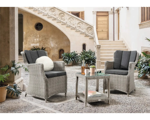 Set de balcon Destiny LUNA MERANO 2 places composé de: 2 fauteuils, desserte en rotin synthétique verre aluminium blanc gris