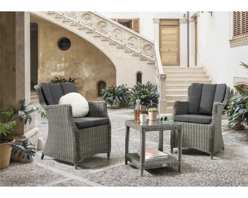 Set de balcon Destiny LUNA MERANO 2 places composé de: 2 fauteuils, desserte en rotin synthétique verre aluminium verre gris