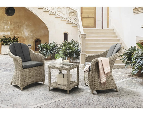 Balkonset Destiny MALAGA MERANO 2 -Sitzer bestehend aus: 2 Sessel, Beistelltisch Polyrattan Aluminium Glas Beige