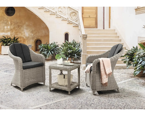 Set de balcon Destiny MALAGA MERANO 2 places composé de: 2 fauteuils, desserte en rotin synthétique aluminium verre blanc gris