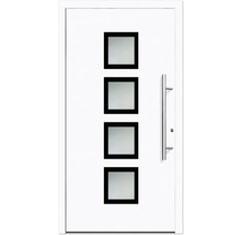 Porte d''entrée blanche avec quatre inserts en verre carrés et poignée en acier inoxydable.