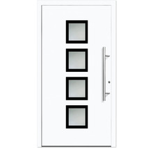 Porte d''entrée blanche avec quatre vitrages carrés et poignée en acier inoxydable