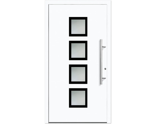 Haustür Aluminium/PVC Smart A08 2.0 RC2 weiß 1100 x 2100 mm Rechts inkl. Beschlagset,Stangengriff,Profilzylinder inkl. 3 Schlüssel Weiße Haustür mit vier quadratischen Glaseinsätzen und Edelstahlgriff