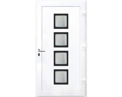 Porte d''entrée blanche avec quatre panneaux de verre rectangulaires