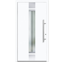Porte d''entrée blanche avec insert en verre et poignée en acier inoxydable