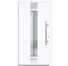 Porte d''entrée blanche avec insert en verre et poignée en acier inoxydable