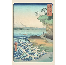 Peinture de paysage japonaise avec côte, vagues et montagne