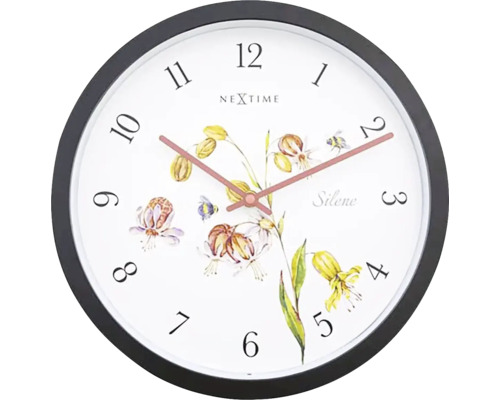 Nextime Wanduhr mit Blumenmuster und schwarzem Rahmen