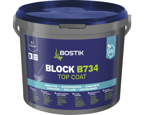 Peinture bitumineuse pour toitures Bostik BLOCK B734 Top Coat 5 l Bostik Block B734 Top Coat revêtement bitumeux pour toitures en seau de 5 litres
