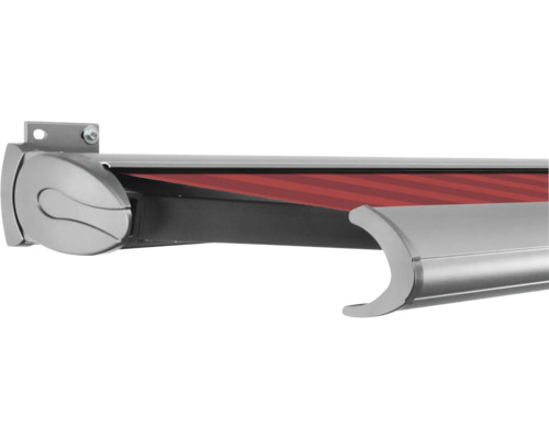 SOLUNA Kassettenmarkise Exclusiv 4,5x3 Stoff Dessin D035 Gestell E6EV1 silber eloxiert Antrieb links inkl. Motor und Wandschalter Detailansicht einer Markise mit rotem Stoff