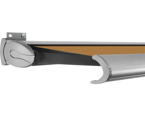 SOLUNA Kassettenmarkise Exclusiv 4,5x2 Stoff Dessin S2180 Gestell E6EV1 silber eloxiert Antrieb links inkl. Motor und Wandschalter Seitenansicht einer Markise