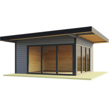 Modernes Gartenhaus mit Schiebetüren aus Glas und Holzverkleidung