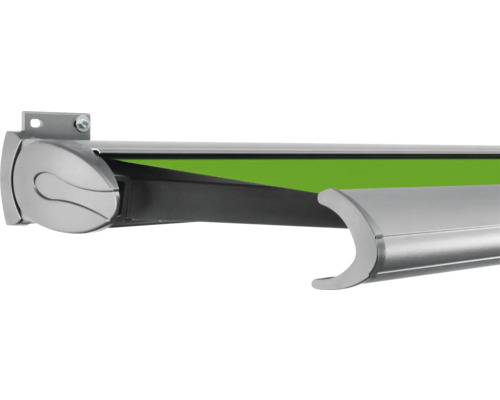 SOLUNA Kassettenmarkise Exclusiv 4,5x2 Stoff Dessin S2246 Gestell E6EV1 silber eloxiert Antrieb links inkl. Motor und Wandschalter Detailansicht einer Markise mit grüner Bespannung.