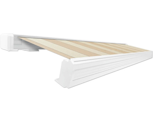 SOLUNA Kassettenmarkise Exquisit 6x3 Dessin S2238 Gestell RAL 9010 reinweiß ink. Motor und Wandschalter links Markise mit gestreiftem Stoffmuster.