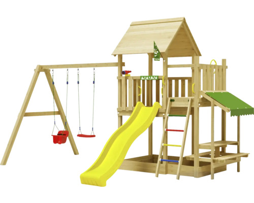 Cabane de jeux sur pilotis avec balançoire double Jungle Gym 476 x 306 bois toboggan jaune