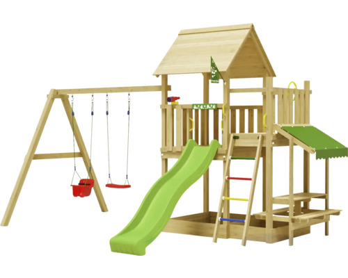 Cabane de jeux sur pilotis avec balançoire double Jungle Gym 476 x 306 bois toboggan vert