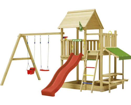 Cabane de jeux sur pilotis avec balançoire double Jungle Gym 476 x 306 bois toboggan rouge