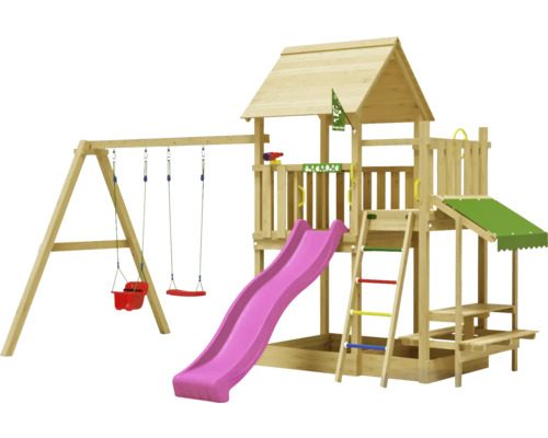 Cabane de jeux sur pilotis avec balançoire double Jungle Gym 476 x 306 bois toboggan fuchsia