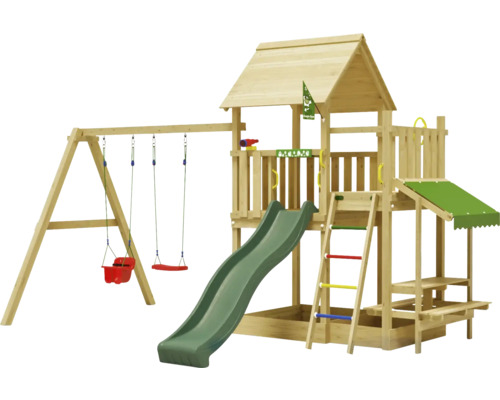 Cabane de jeux sur pilotis avec balançoire double Jungle Gym 476 x 306 bois toboggan vert foncé