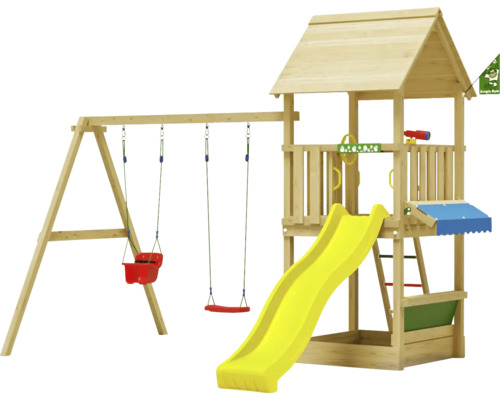 Cabane de jeux sur pilotis avec balançoire double Jungle Gym 383 x 347 bois toboggan jaune