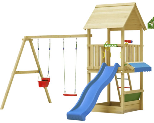 Doppelschaukel Spielhaus mit Stelzen Jungle Gym 383 x 347 cm Holz braun