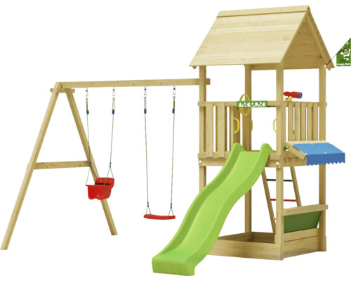 Cabane de jeux sur pilotis avec balançoire double Jungle Gym 383 x 347 bois toboggan vert