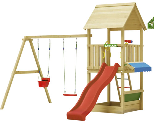 Doppelschaukel Spielhaus mit Stelzen Jungle Gym 383 x 347 cm Holz rot