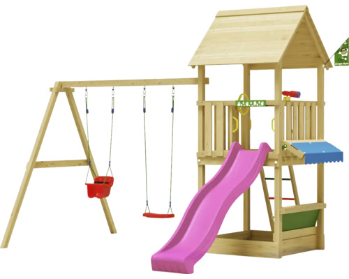 Cabane de jeux sur pilotis avec balançoire double Jungle Gym 383 x 347 bois toboggan fuchsia