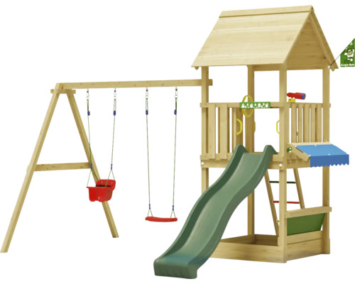 Doppelschaukel Spielhaus mit Stelzen Jungle Gym 383 x 347 cm Holz dunkelgrün