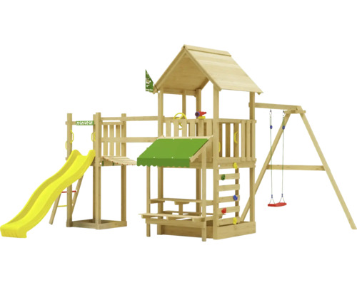 Cabane de jeux sur pilotis avec balançoire Jungle Gym 434 x 479 bois toboggan jaune