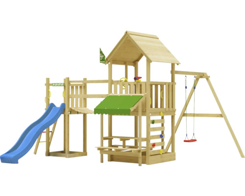 Cabane de jeux sur pilotis avec balançoire Jungle Gym 434 x 479 bois toboggan bleu