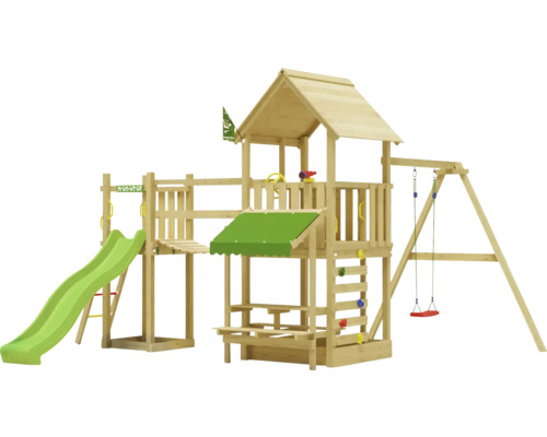 Cabane de jeux sur pilotis avec balançoire Jungle Gym 434 x 479 bois toboggan vert