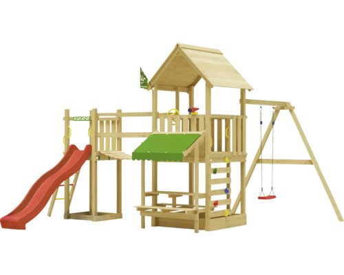 Cabane de jeux sur pilotis avec balançoire Jungle Gym 434 x 479 bois toboggan rouge