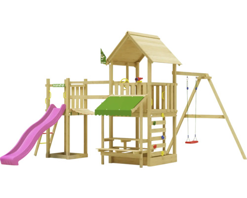 Cabane de jeux sur pilotis avec balançoire Jungle Gym 434 x 479 bois toboggan fuchsia