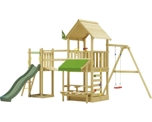 Einzelschaukel Spielhaus mit Stelzen Jungle Gym 434 x 479 cm Holz dunkelgrün