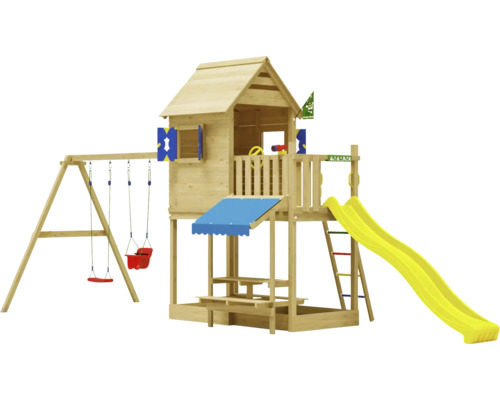 Cabane de jeux sur pilotis avec balançoire double Jungle Gym 678 x 265 bois toboggan jaune