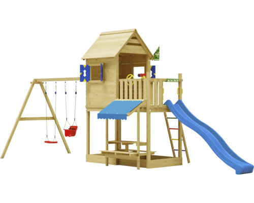 Cabane de jeux sur pilotis avec balançoire double Jungle Gym 678 x 265 bois toboggan bleu