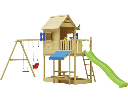 Cabane de jeux sur pilotis avec balançoire double Jungle Gym 678 x 265 bois toboggan vert