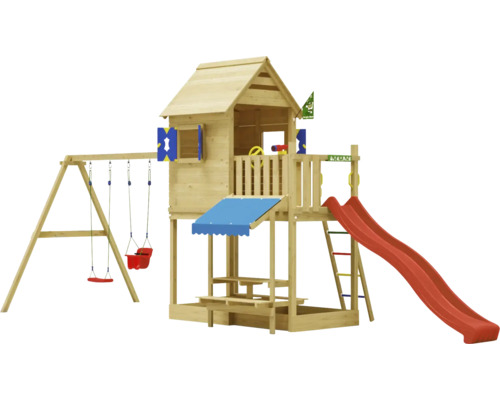 Cabane de jeux sur pilotis avec balançoire double Jungle Gym 678 x 265 bois toboggan rouge