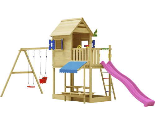 Cabane de jeux sur pilotis avec balançoire double Jungle Gym 678 x 265 bois toboggan fuchsia