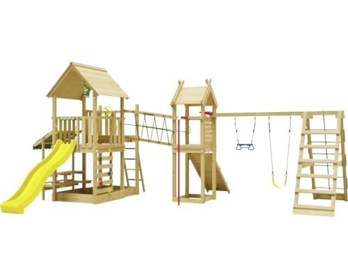 Cabane de jeux sur pilotis avec balançoire double Jungle Gym 652 x 464 bois toboggan jaune