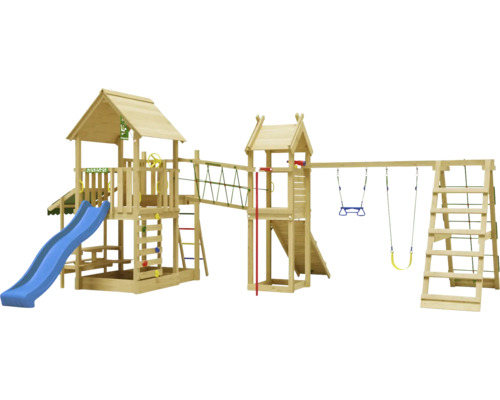 Cabane de jeux sur pilotis avec balançoire double Jungle Gym 652 x 464 bois toboggan bleu